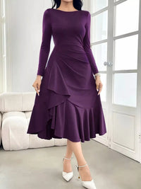 Ruffle Hem Long Sleeve Midi Dress in purple with ruffled hem and long sleeves, perfect for stylish occasions.