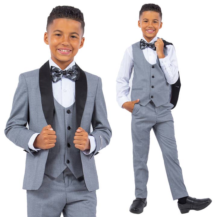 Grey Stacy Adams Boys Tuxedo, Slim-Fit 5pc w/ Tuxedo Shirt Suits Luxurious Weddings