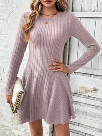 Ribbed Round Neck Long Sleeve Mini Dress Mini Dress Luxurious Weddings