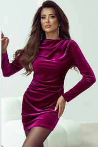 Pitaya Pink Velvet Mock Neck Ruched Long Sleeve Bodycon Dress Dresses/Bodycon Dresses Luxurious Weddings