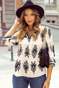 Beige Vintage Geometric Printed 3/4 Sleeve V Neck Blouse Tops/Blouses & Shirts Luxurious Weddings