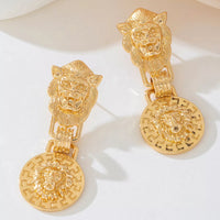 18K Gold-Plated Lion Head Medallion Drop Earrings in gold featuring intricate lion design and medallion detail.