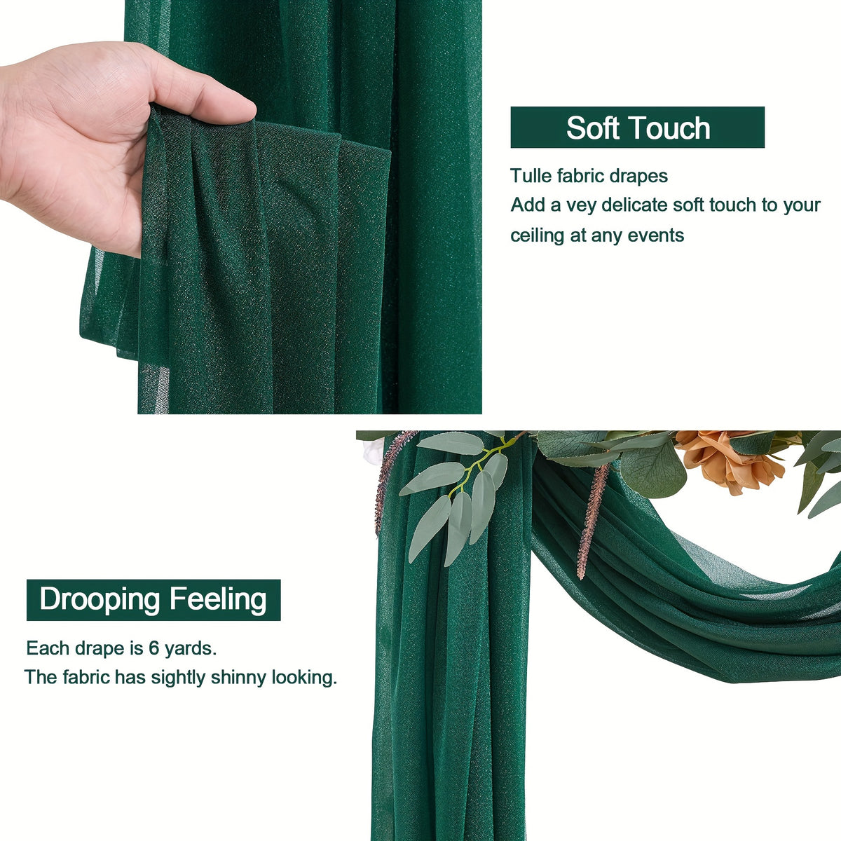 a person holding a green curtain with a flower on it