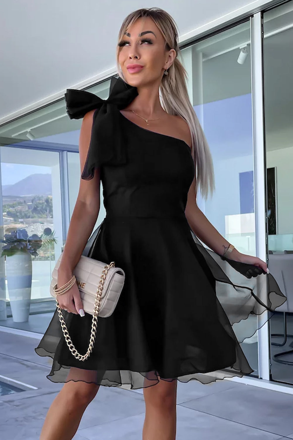 Black Bowtie Tulle Overlay Skater Dress Dresses/Mini Dresses Luxurious Weddings