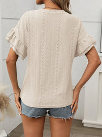 Eyelet Round Neck Flounce Sleeve Top Blouses Luxurious Weddings