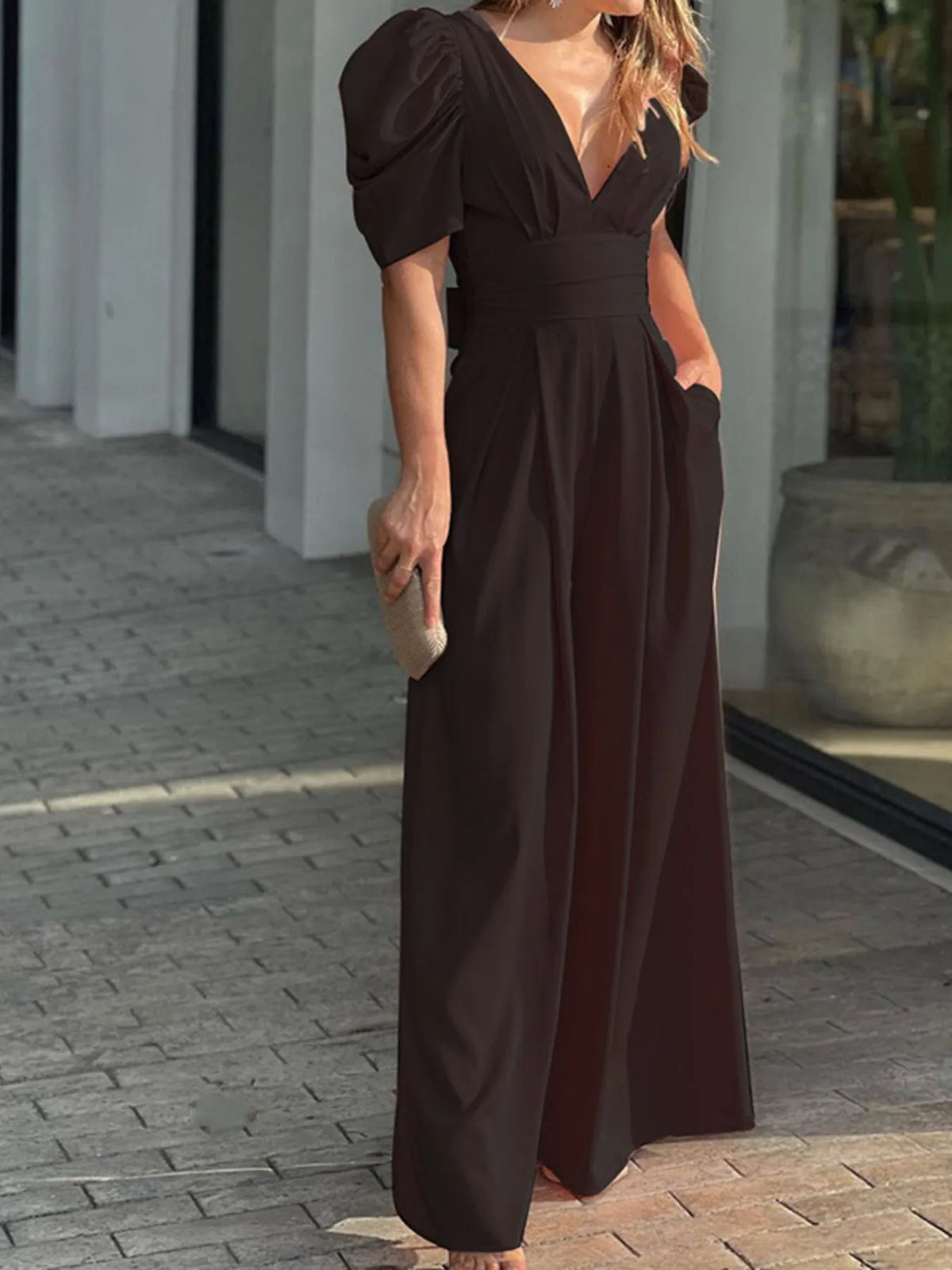 Full Size Cutout V-Neck Puff Sleeve Jumpsuit Plus Size Jumpsuits Luxurious Weddings