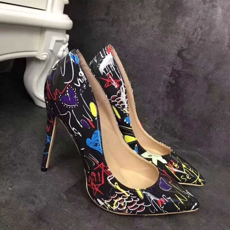 Women’s Graffiti high heel pumps with colorful designs, perfect for formal wear & accessories NZ.