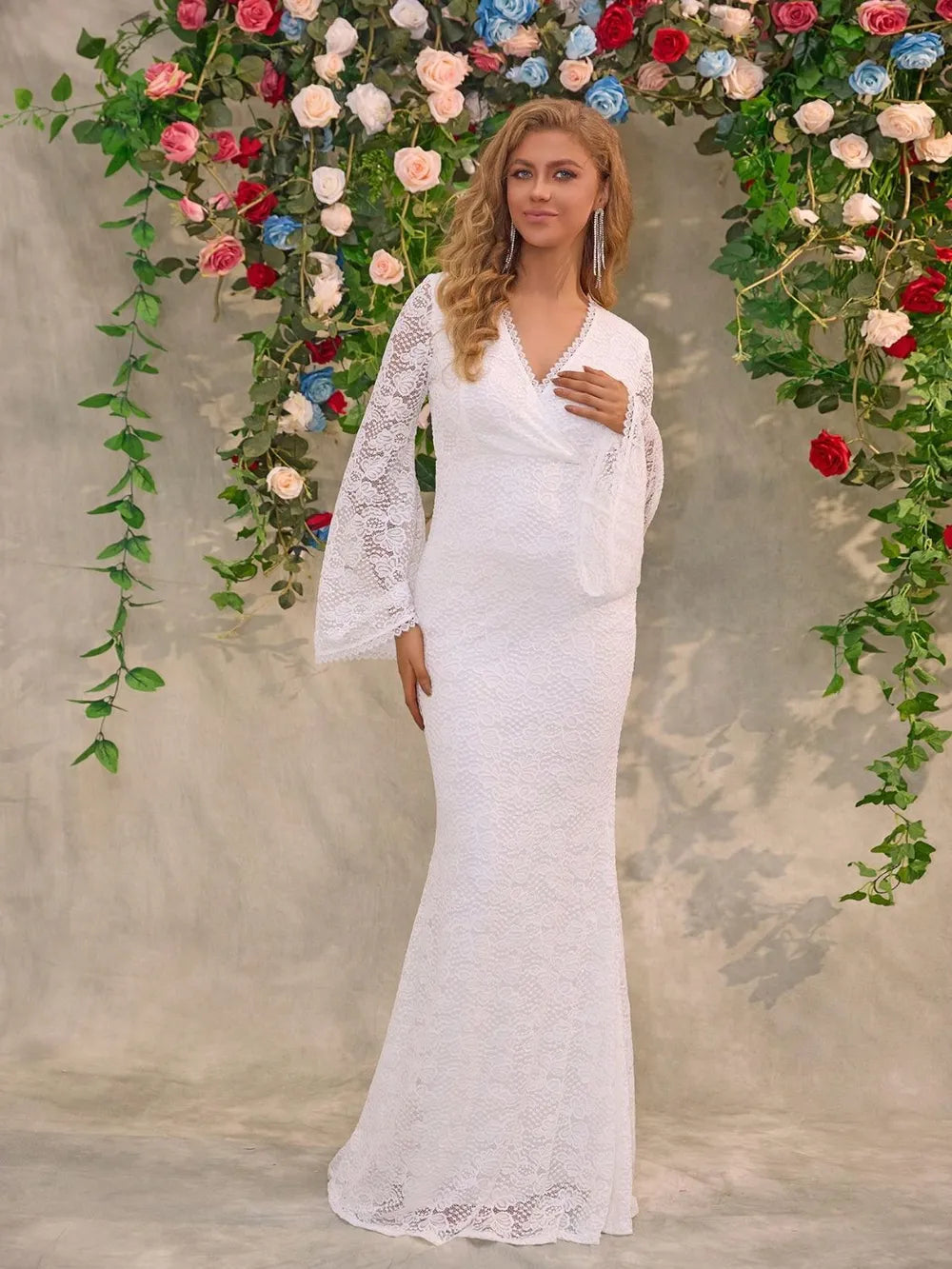 Lace Surplice Flare Sleeve Maxi Dress wedding dress Luxurious Weddings