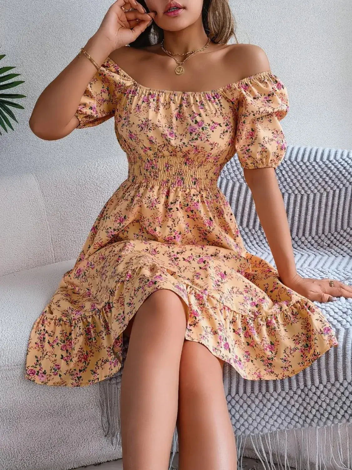 Ruffled Hem Floral Puff Sleeve Dress Dress Luxurious Weddings