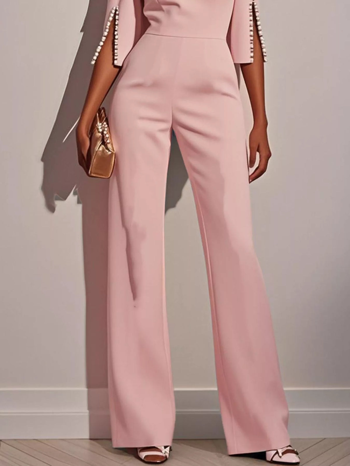 Wide-Leg Jumpsuit with Slit Sleeve in pink with stylish detailing and flowing fit.