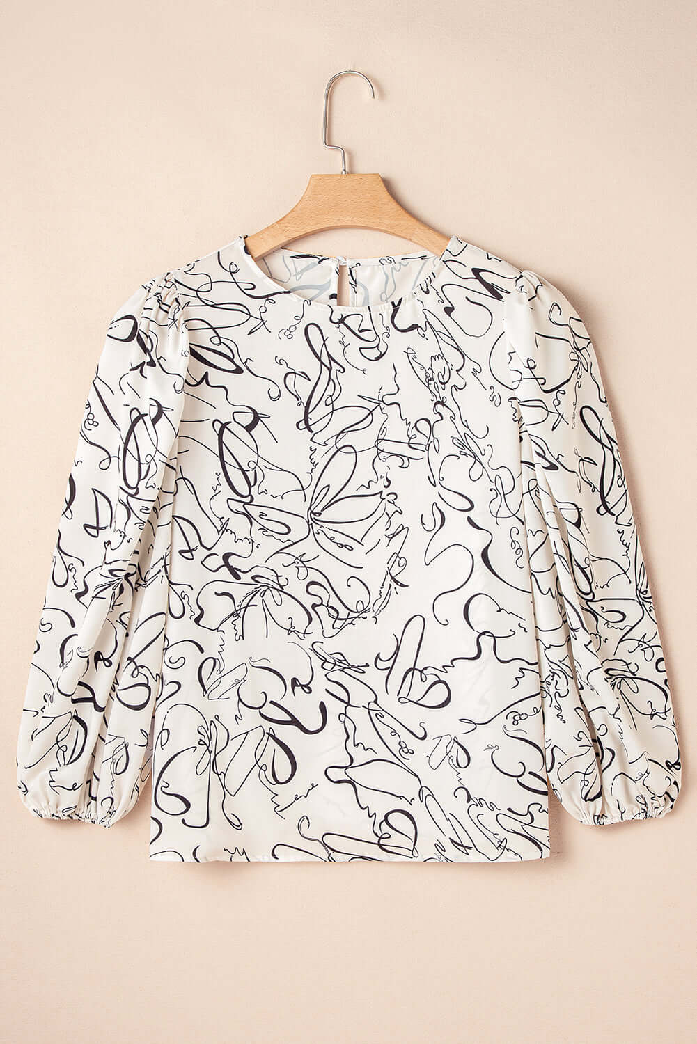 Beige Abstract Print Balloon Sleeve Crew Neck Blouse Tops/Blouses & Shirts Luxurious Weddings