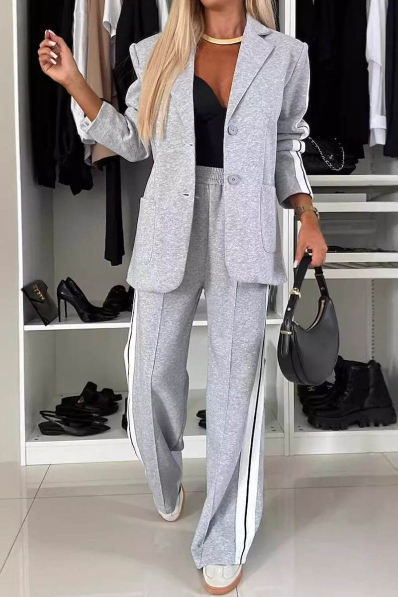 Full Size Contrast Lapel Collar Top and Pants Set Matching Sets Luxurious Weddings