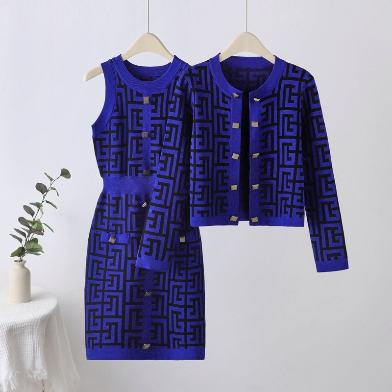 women's maze gold button cardigan vest dress set Womens Suit Sets Luxurious Weddings