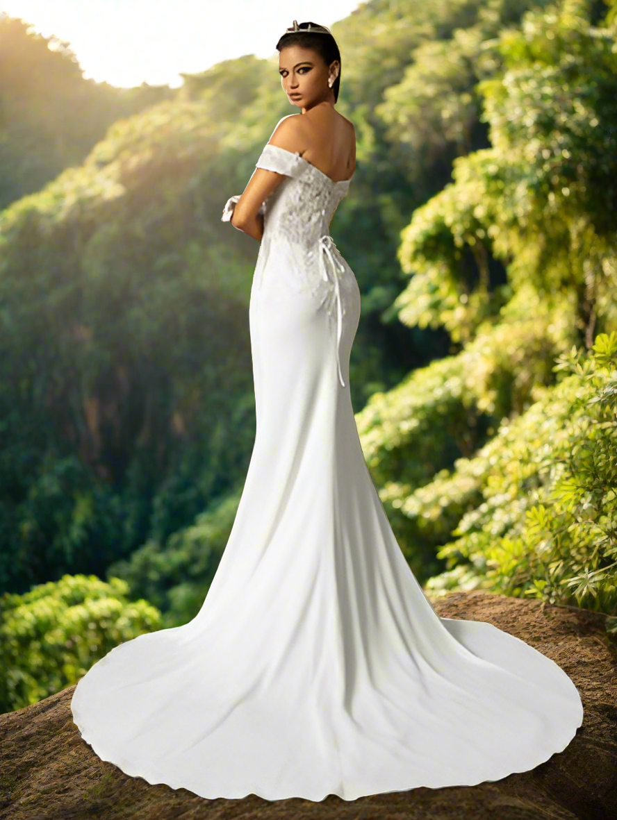 Beaded Embroidery Off Shoulder Train Wedding Dress Luxurious Weddings