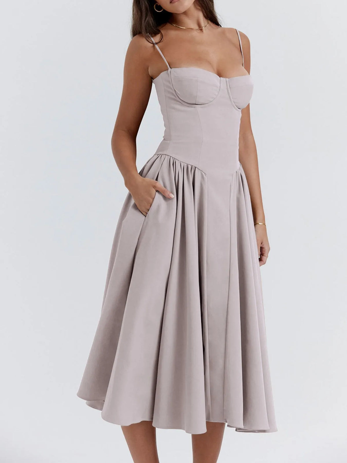 Ruched sweetheart neck cami dress in light beige with pockets, perfect for casual outings or events.