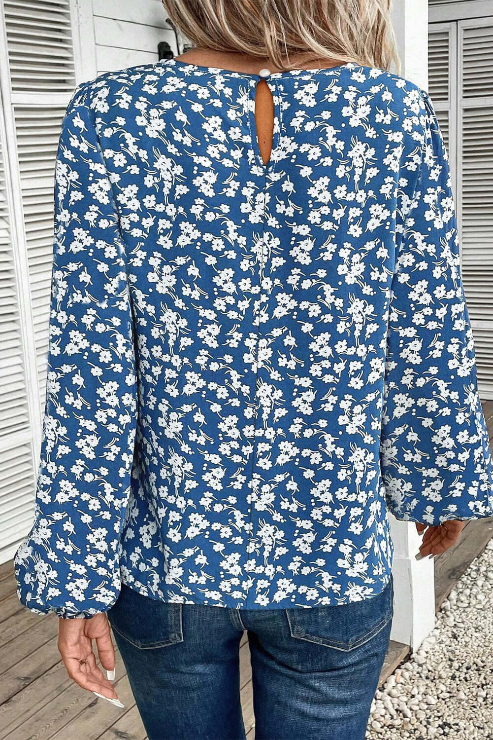 Blue Ditsy Floral Print Lantern Sleeve Blouse Tops/Blouses & Shirts Luxurious Weddings