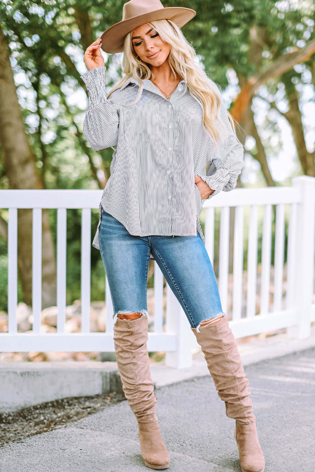 Smocked Cuffed Striped Boyfriend Shirt with Pocket Tops/Blouses & Shirts Luxurious Weddings