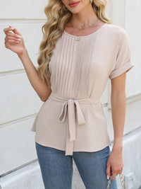 Tied Pleated Round Neck Short Sleeve Top Tops/Blouses & Shirts Luxurious Weddings