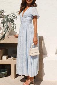 V-Neck Puff Short Sleeve Midi Dress Summer dress Luxurious Weddings