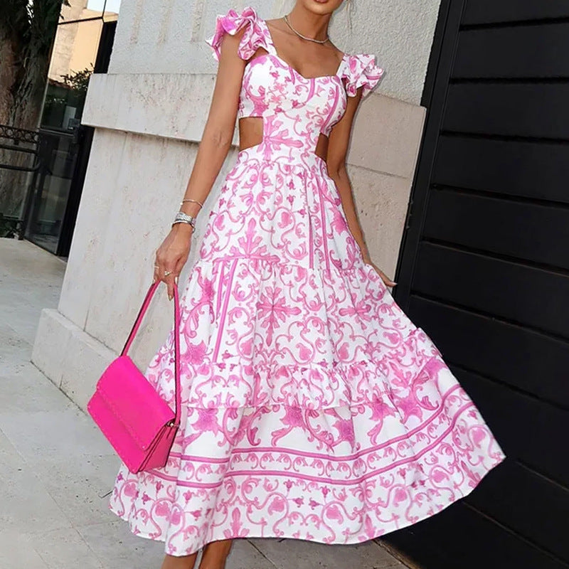 Summer Padded Shoulder Women's Printed Wear Hollow Length Dress Summer Dress