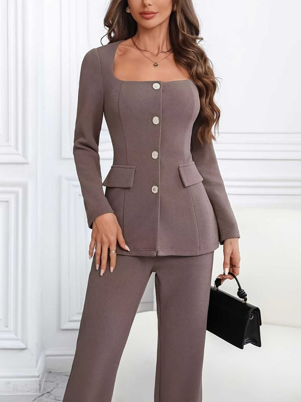 Square Neck Button Up Blazer and Pants Set pants sets Luxurious Weddings