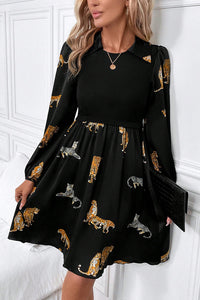 Black Vivid Leopard Print Long Sleeve Swing Dress