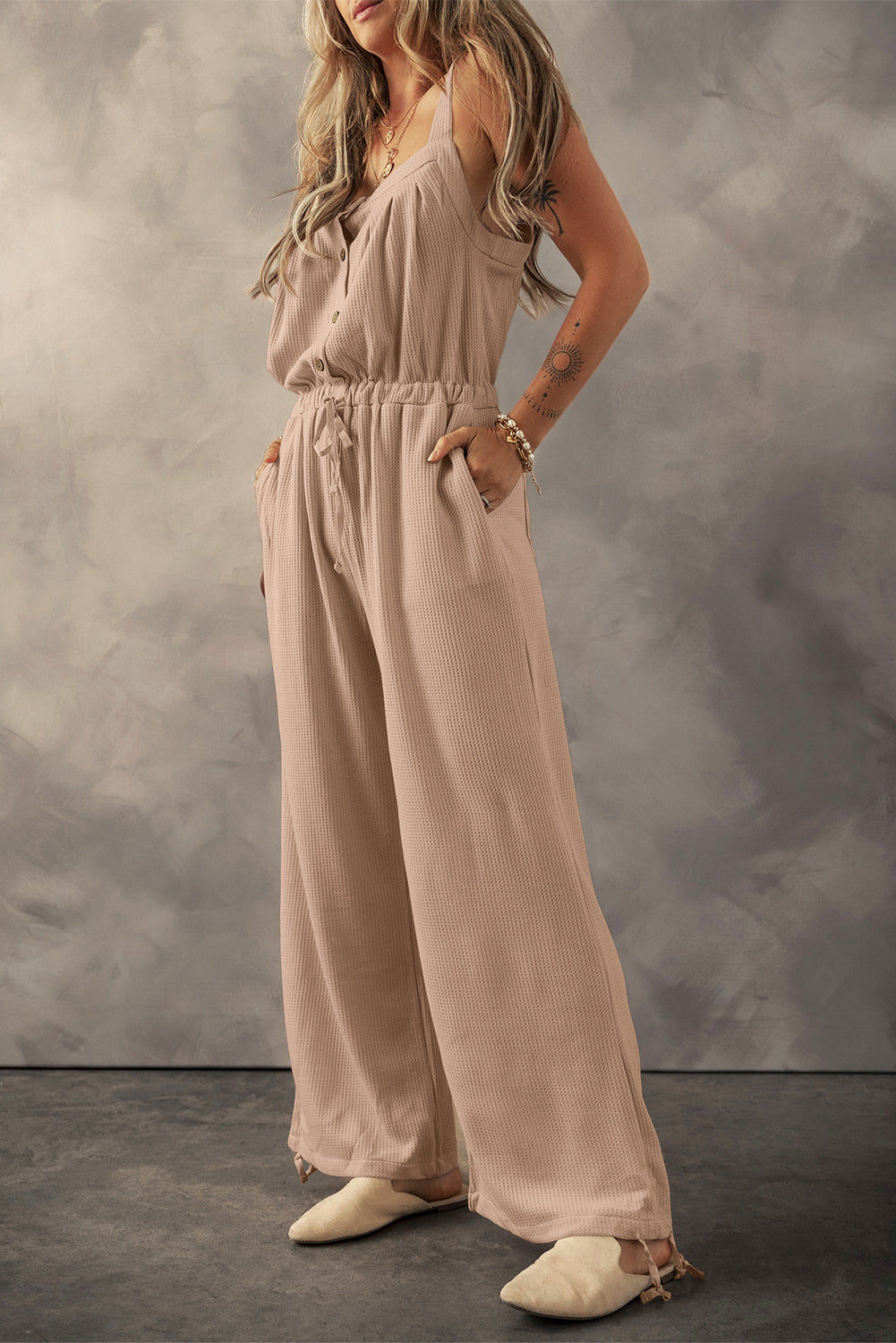 Pale Khaki Knotted Straps Button Textured Drawstring Jumpsuit Bottoms/Jumpsuits & Rompers Luxurious Weddings