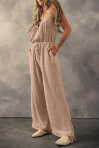 Pale Khaki Knotted Straps Button Textured Drawstring Jumpsuit Luxurious Weddings