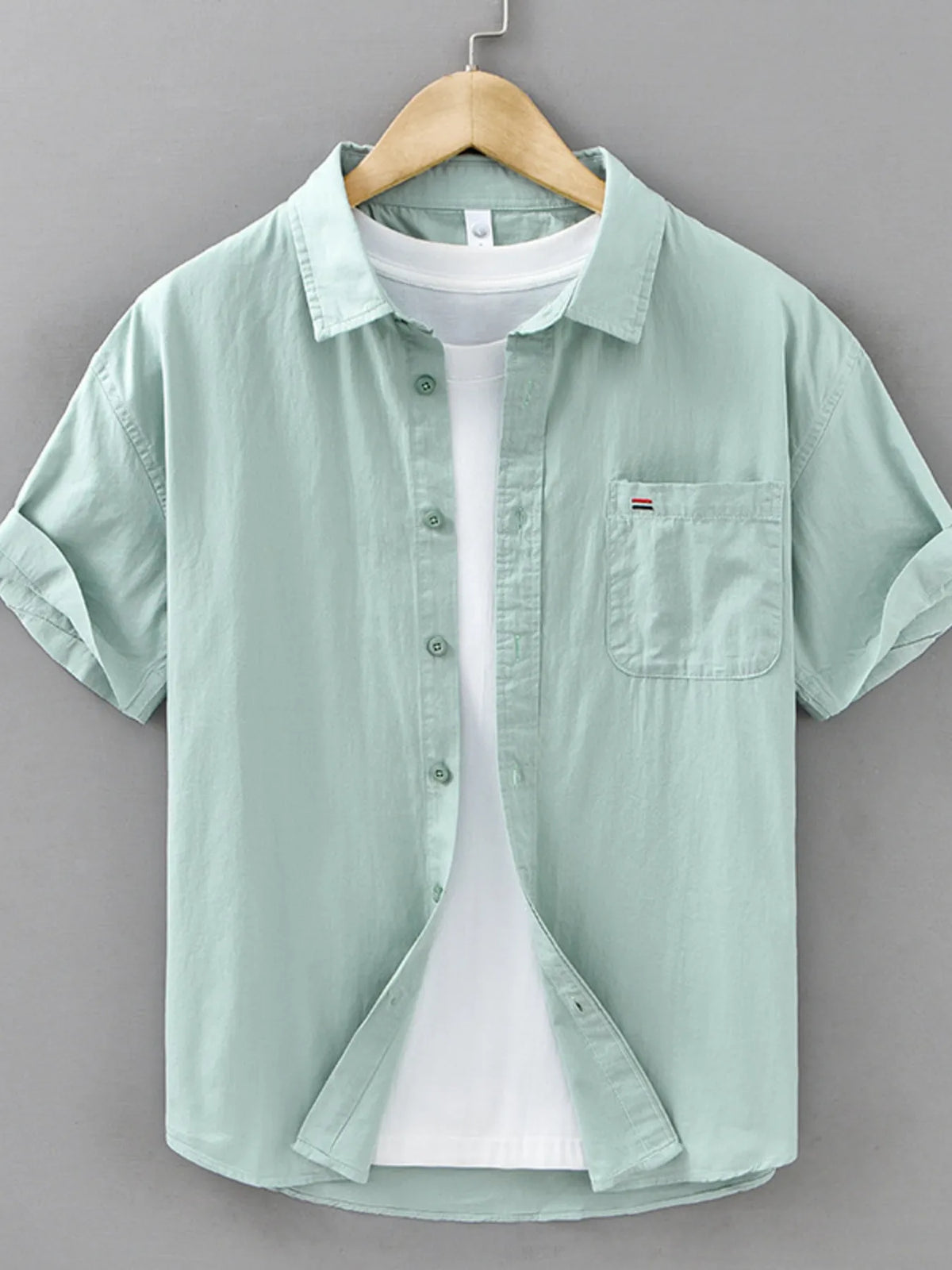 Men's plus size short sleeve plaid button-up shirt in mint green with pocket, perfect for casual wear.