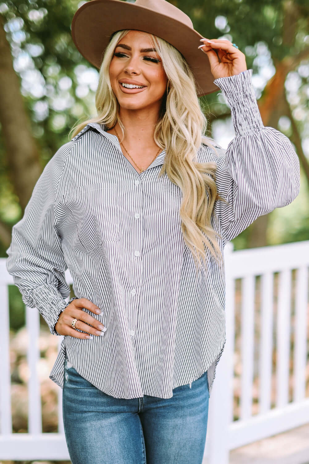 Smocked Cuffed Striped Boyfriend Shirt with Pocket Tops/Blouses & Shirts Luxurious Weddings