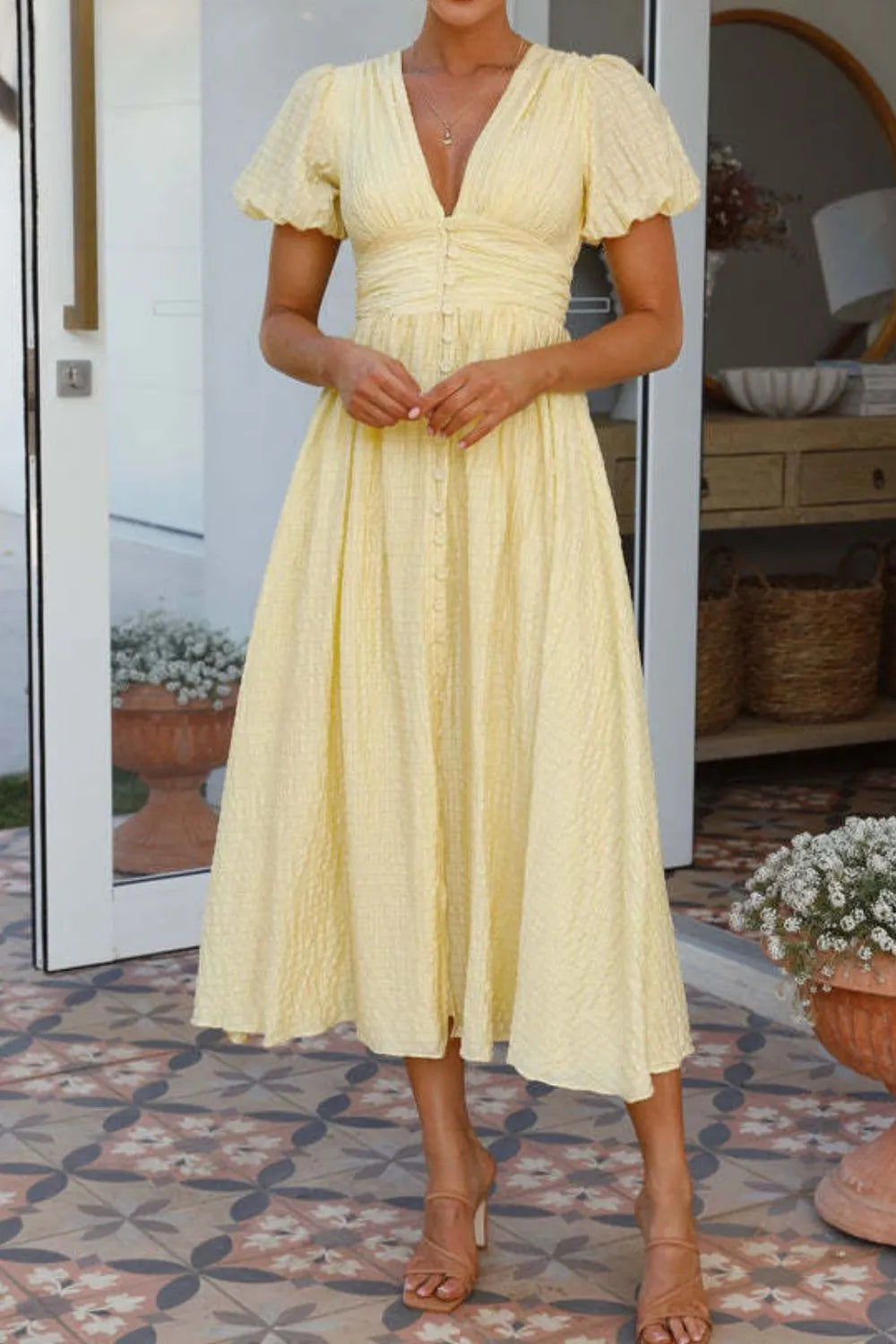 V-Neck Puff Short Sleeve Midi Dress Summer dress Luxurious Weddings