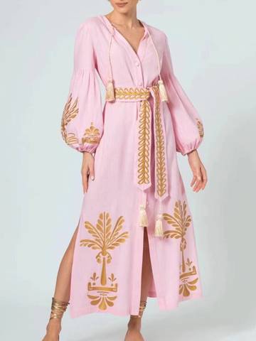 Retro Style Waist Slimming Lantern Sleeve Long Dress Long Dress Luxurious Weddings