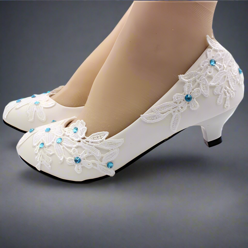 Blue Crystal Lace Flower Wedding Pump Shoes Bridal Shoes Luxurious Weddings