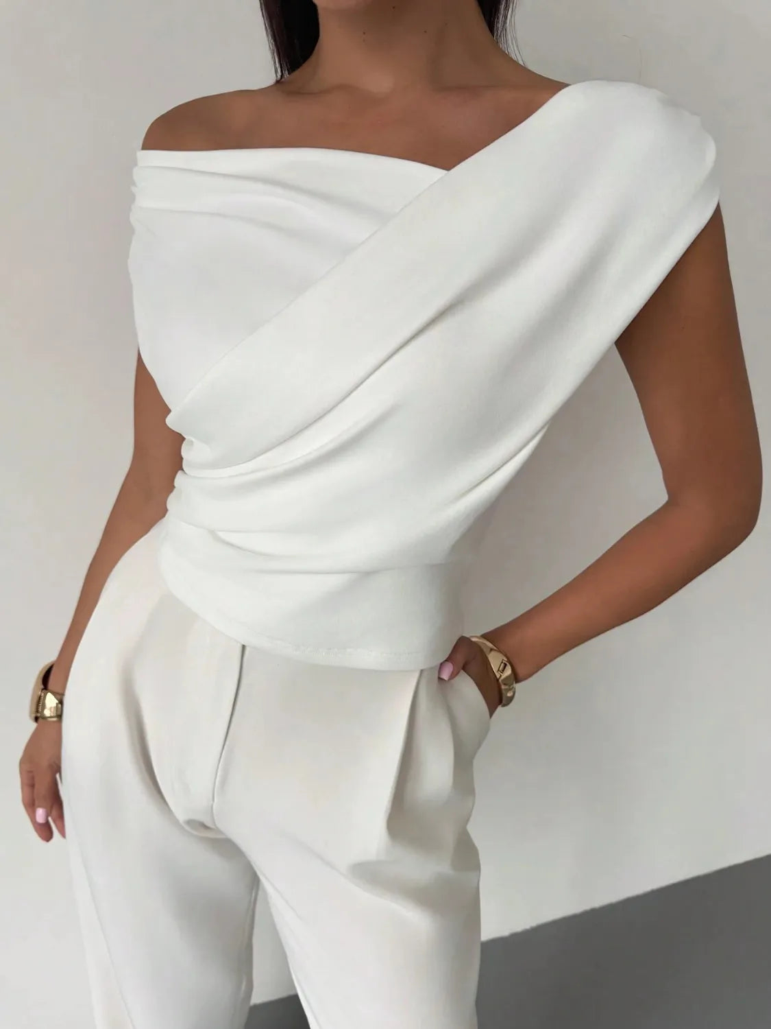 Asymmetrical Ruched Short Sleeve Top Luxurious Weddings