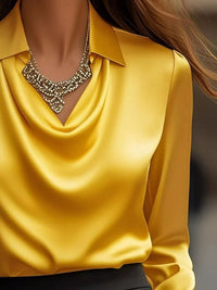 Ruched Long Sleeve Drape Collar Blouse in yellow with elegant necklace