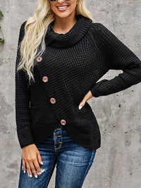 Black full size texture turtleneck long sleeve sweater with decorative buttons, styled with jeans.