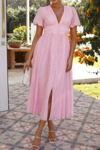 V-Neck Puff Short Sleeve Midi Dress Summer dress Luxurious Weddings