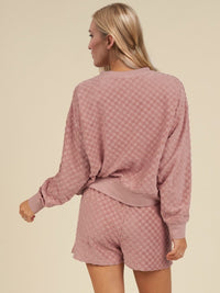 Oh Checkered Round Neck Long Sleeve Top and Shorts Set sleepwear Luxurious Weddings