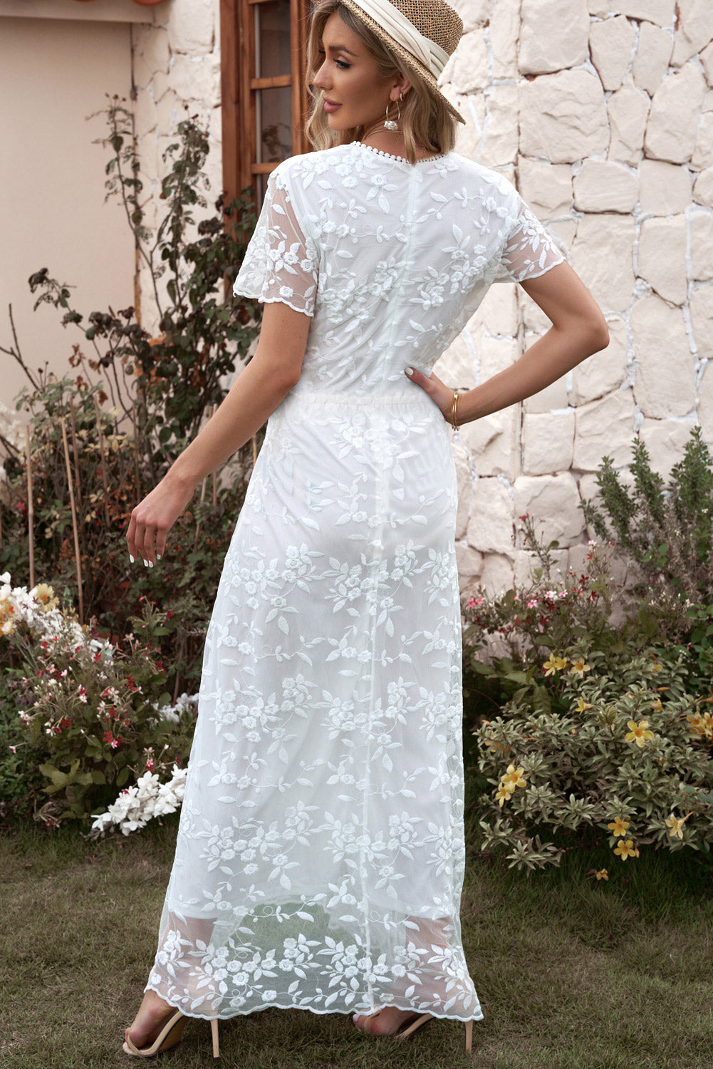 Embroidered Short Sleeve Surplice Neck Maxi Dress wedding dress Luxurious Weddings