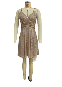 Autumn And Winter Sequined Dress Pleated Cross Strap Vacation Style Dress Luxurious Weddings