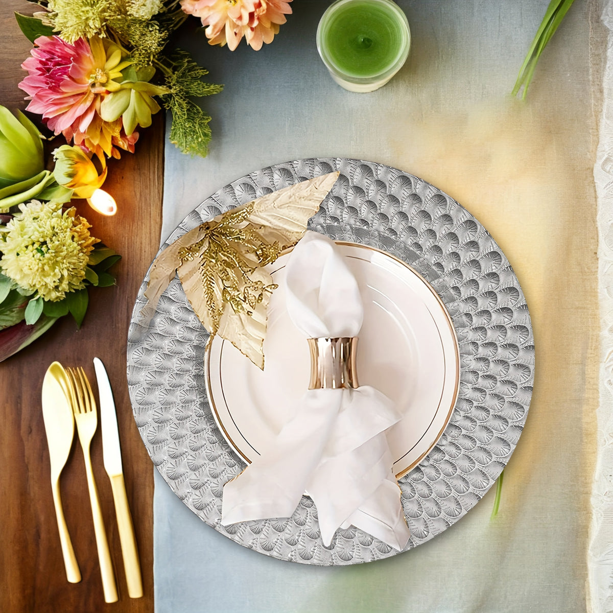 Elegant 40pcs 13\" Silvery Charger Plates Set Tableware Luxurious Weddings