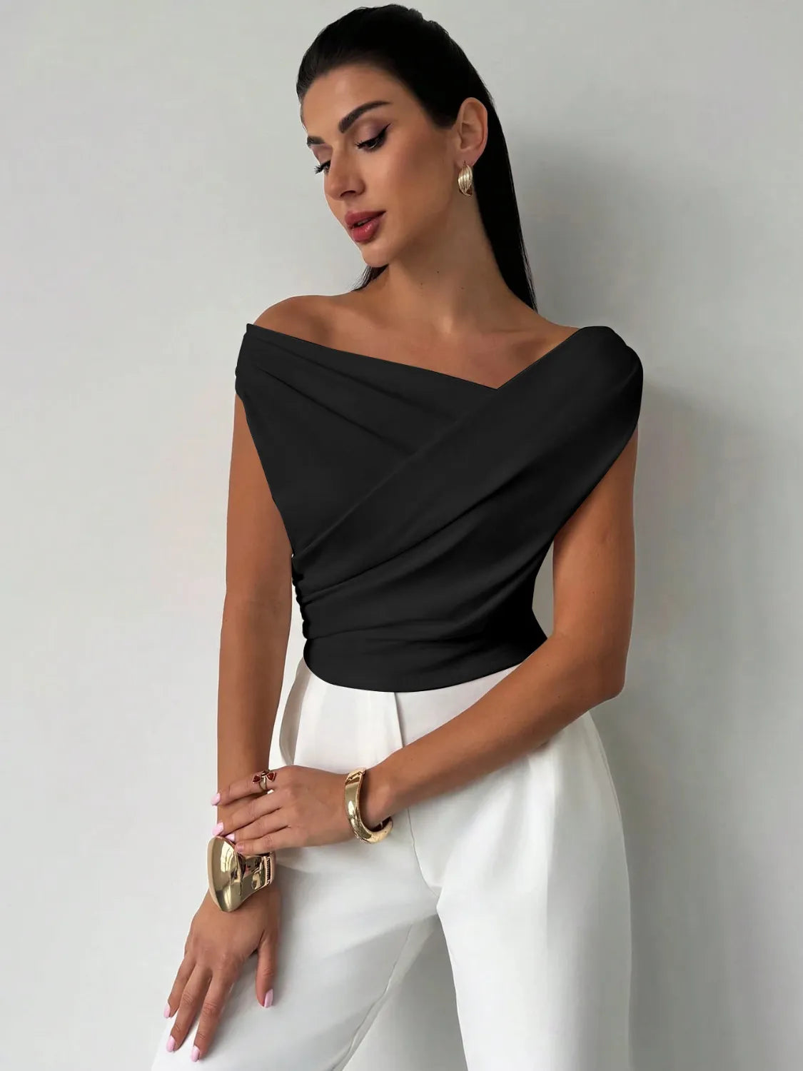 Asymmetrical Ruched Short Sleeve Top Luxurious Weddings