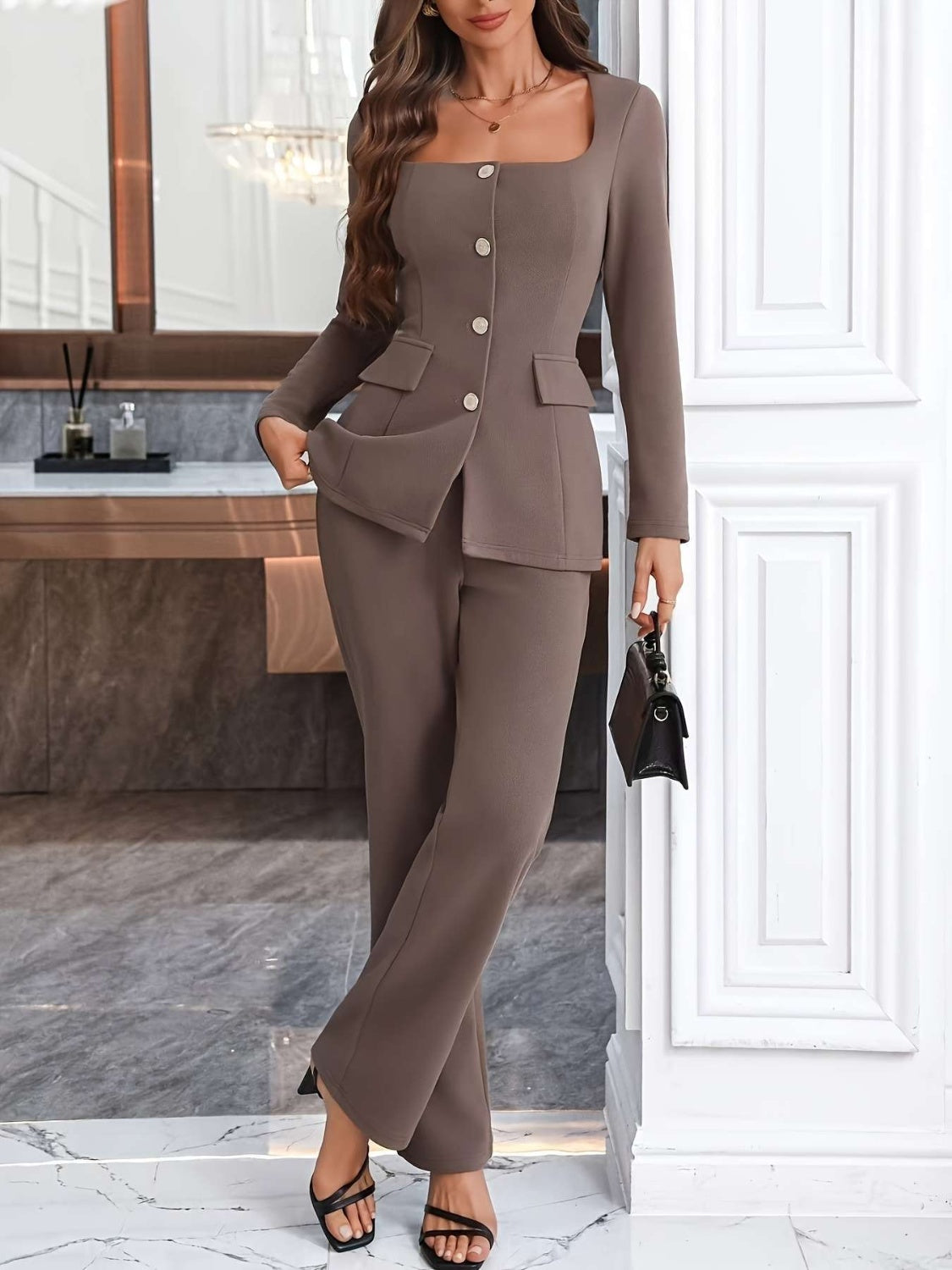 Square Neck Button Up Blazer and Pants Set pants sets Luxurious Weddings