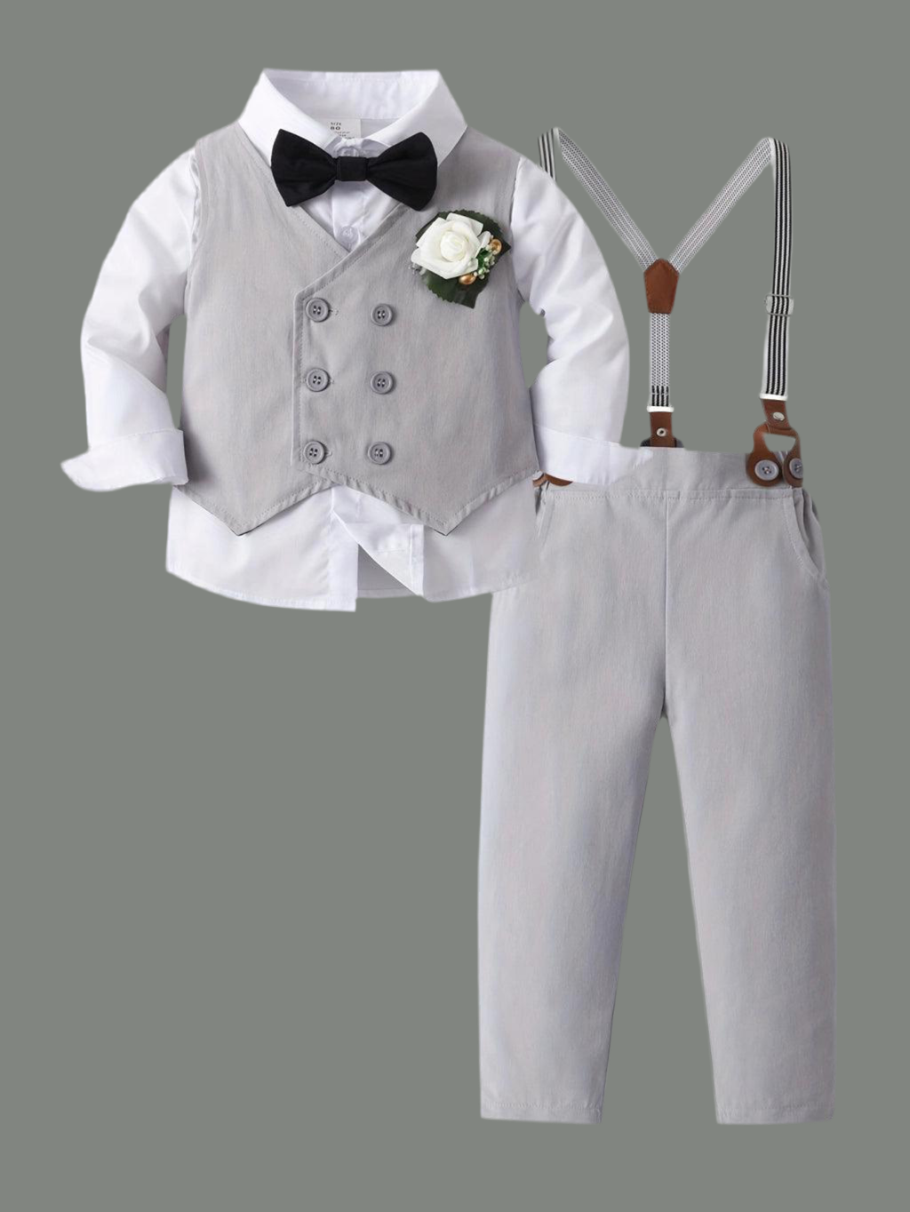 Formelles Outfit-Set für Jungen – Langarm, Blättermuster, Fliege, Weste
