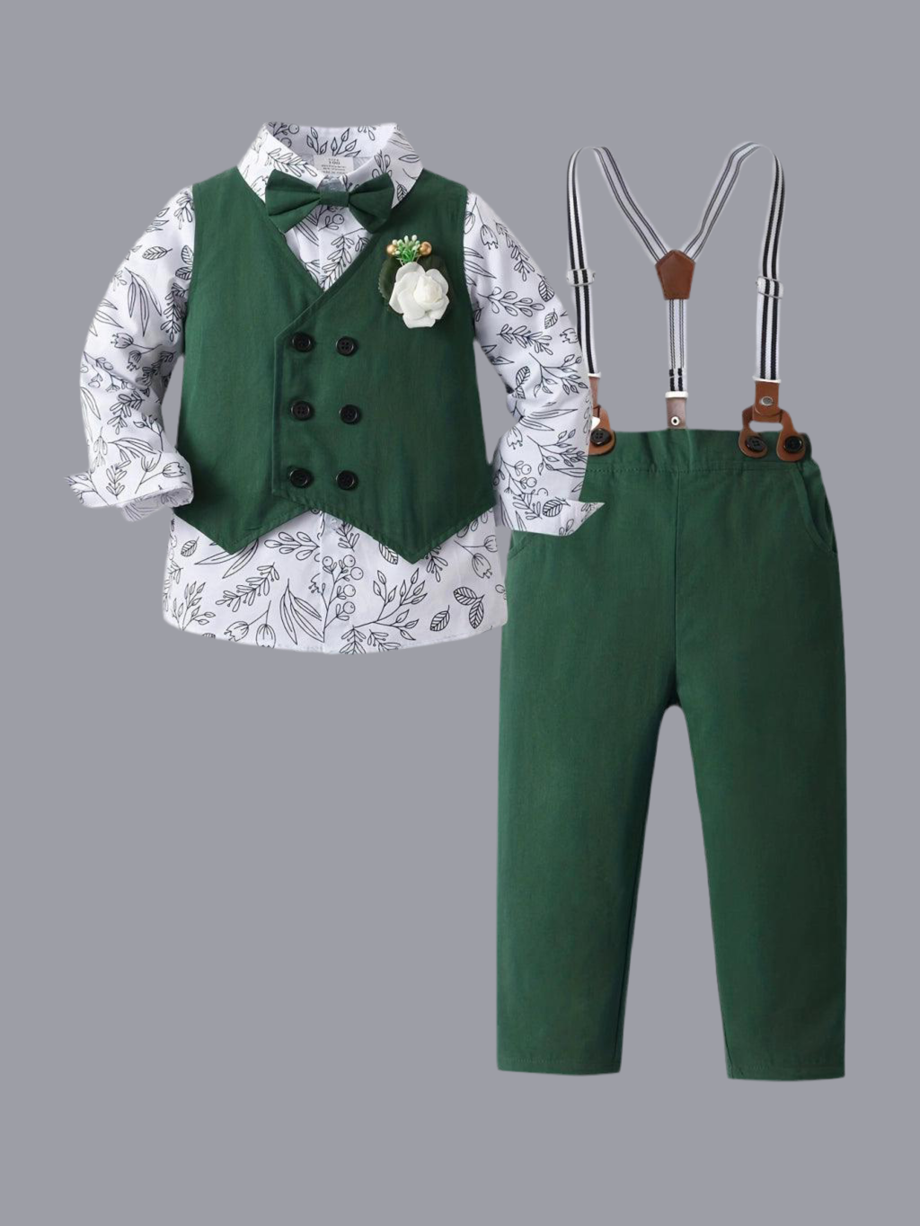 Formelles Outfit-Set für Jungen – Langarm, Blättermuster, Fliege, Weste
