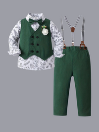 Formelles Outfit-Set für Jungen – Langarm, Blättermuster, Fliege, Weste