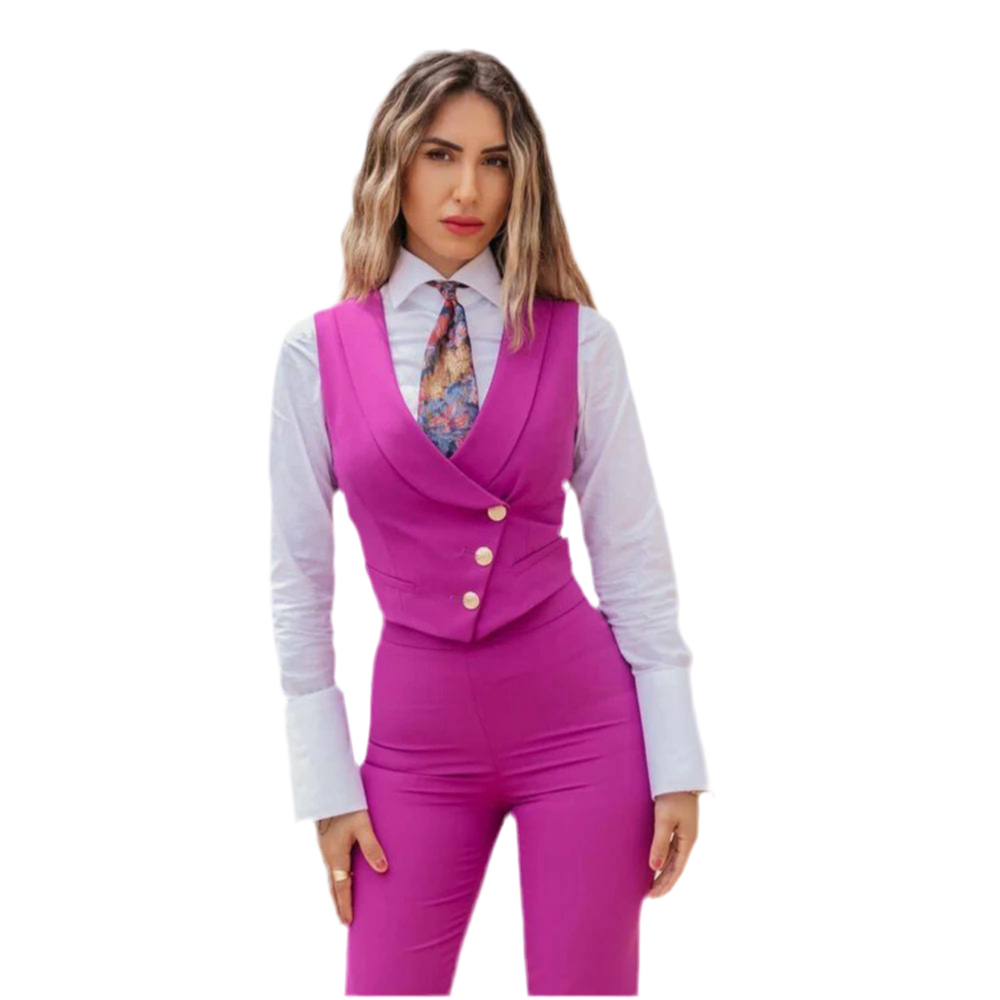 Woman wearing a pink vest and pants set on a white background