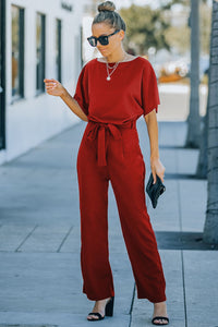 Fiery Red Belted Wide Leg Jumpsuit Bottoms/Jumpsuits & Rompers Luxurious Weddings