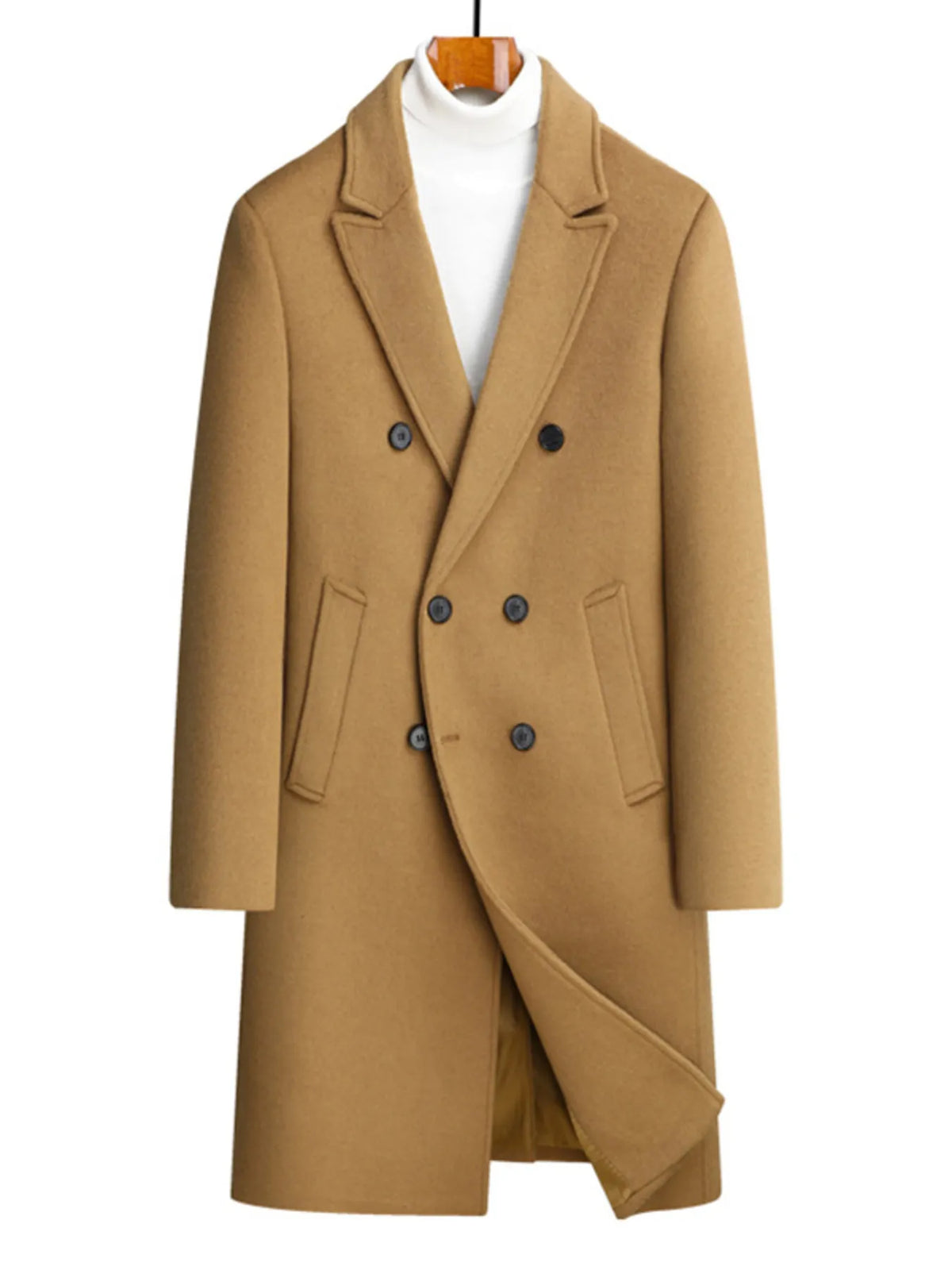 Men's plus size double-breasted wool overcoat in camel color, featuring a stylish peak lapel and side pockets.