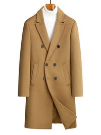 Men's plus size double-breasted wool overcoat in camel color, featuring a stylish peak lapel and side pockets.